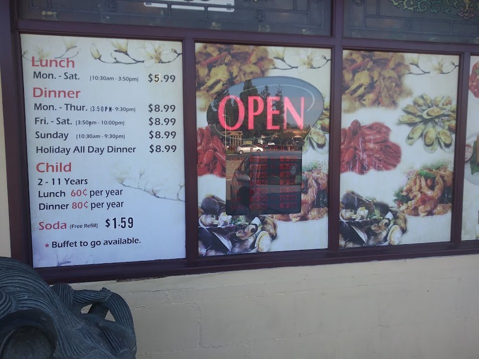 Printed menu showing Chinese buffet categories.